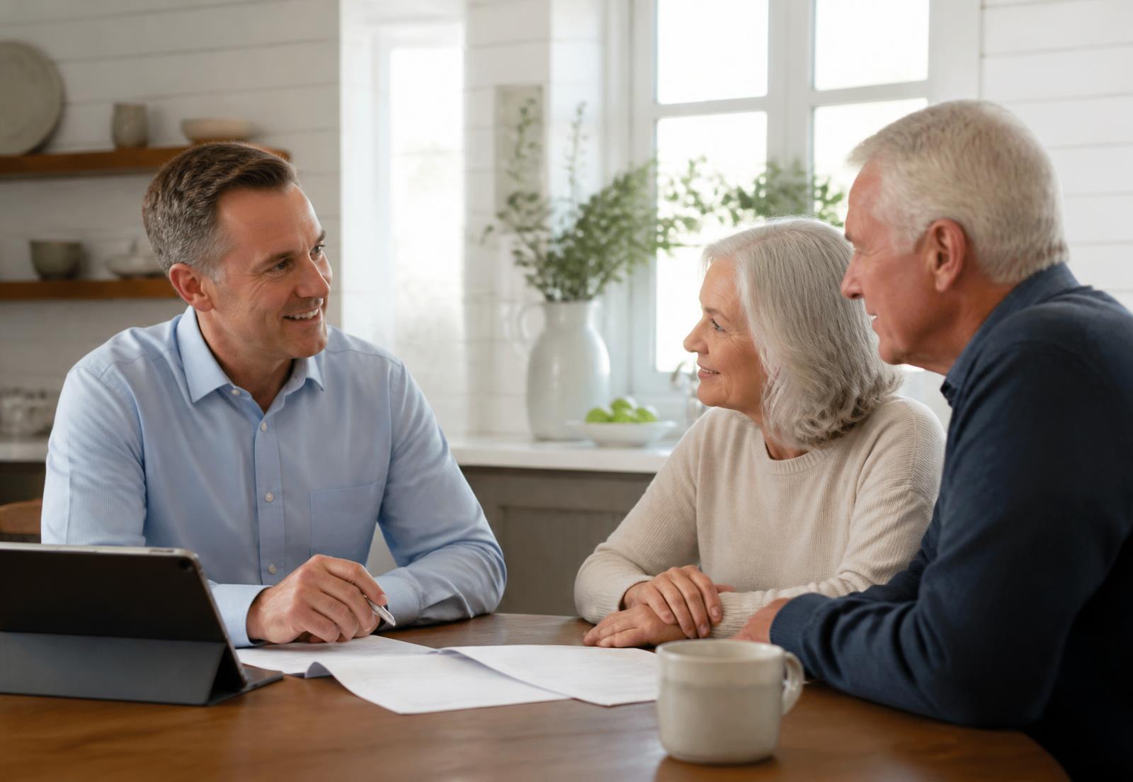 Insurance agent reviewing health and Medicare plan options with a couple at their kitchen table in Pelion, SC
