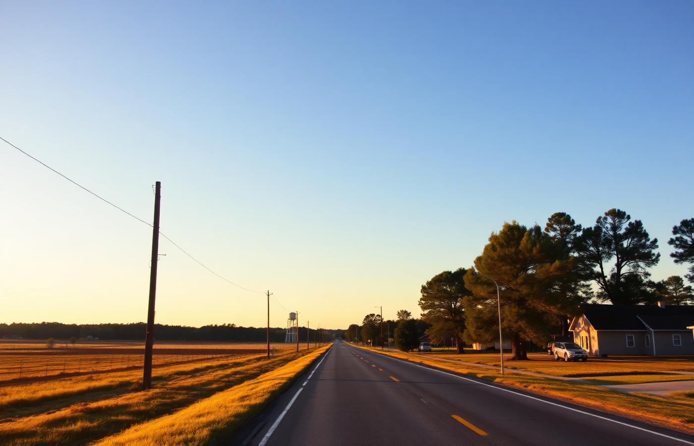 Rural highway and farmland at sunset near Pelion, South Carolina